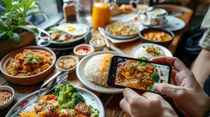 restaurant owner takes a picture of the food on the table with a smartphone to post on a website. Online food delivery, ordering service, influencer, review, social media, share, marketing, interest.