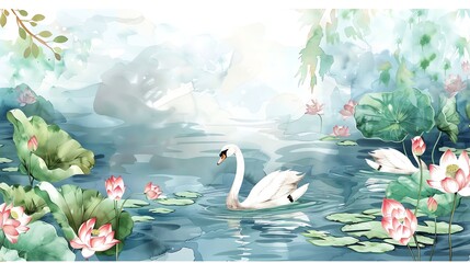 Obraz premium A watercolor painting of a swan swimming in a pond with lotus flowers and lily pads.