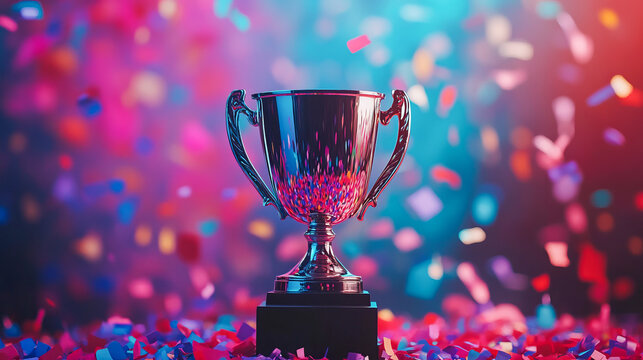 Shiny trophy cup with colorful confetti celebration background