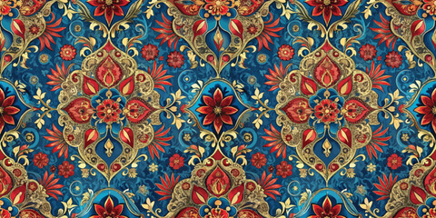 Vibrant floral paisley pattern with gold accents on a deep blue background, showcasing intricate details and rich colors.