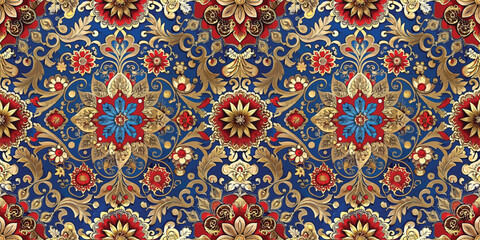 Vibrant floral pattern featuring intricate designs in red, blue, and gold hues.