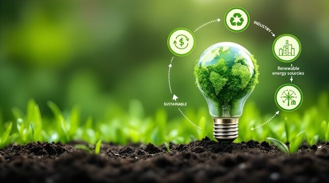 Green Energy Concept: Sustainable Industry, Renewable Resources, and Circular Economy Illustrated by a Lightbulb with a Growing Planet Earth Inside