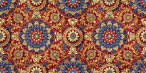 Vibrant floral pattern featuring intricate designs in rich reds, blues, and golds.