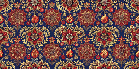 A vibrant floral pattern featuring rich reds and golds on a deep navy background.