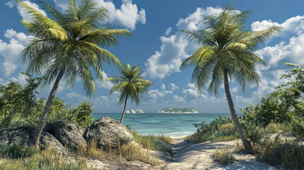 Obraz premium Tropical beach paradise with palm trees and clear blue sky