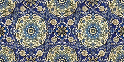 Intricate floral pattern with a deep blue and cream color palette, showcasing elegant design details.