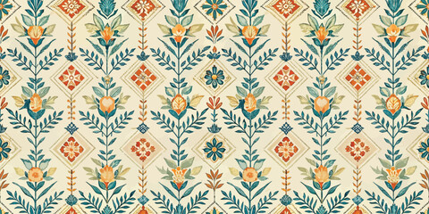 Colorful floral and geometric pattern featuring blue and orange motifs on a warm beige background.