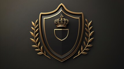 A black shield with a gold frame and crown on top, surrounded by golden laurel branches.