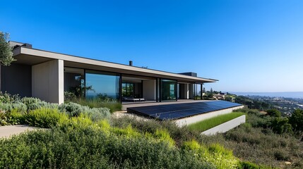 Obraz premium Modern house with solar panels and a stunning view overlooking the landscape in clear weather