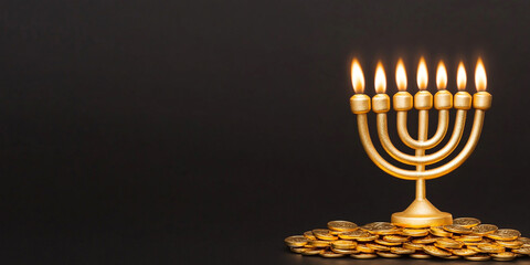Glowing Menorah with Scattered Gelt for Hanukkah Celebration