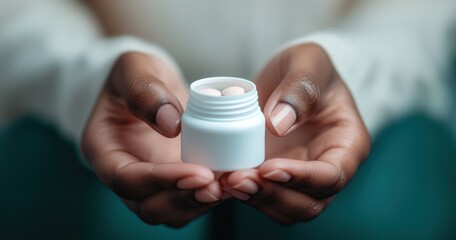 Hands Holding White Container with Pills in Natural Light Setting