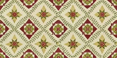 A vibrant, floral patterned textile featuring stars in red, green, and cream hues, perfect for home decor.