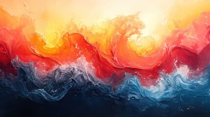 Abstract painting, fiery waves, ocean depths.