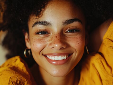 Smiling African American Woman with Freckles and Yellow Top - Powered by Adobe
