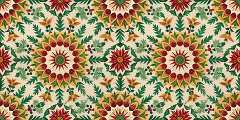 A vibrant floral pattern featuring red, yellow, and green motifs, creating a lively and festive look.