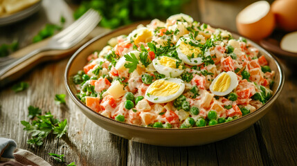 Traditional russian olivier salad with vegetables and boiled eggs on a rustic wooden table