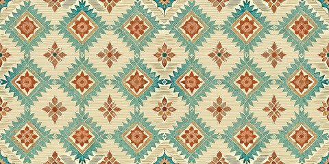 Colorful geometric pattern featuring teal, orange, and cream tones, perfect for modern textile design.