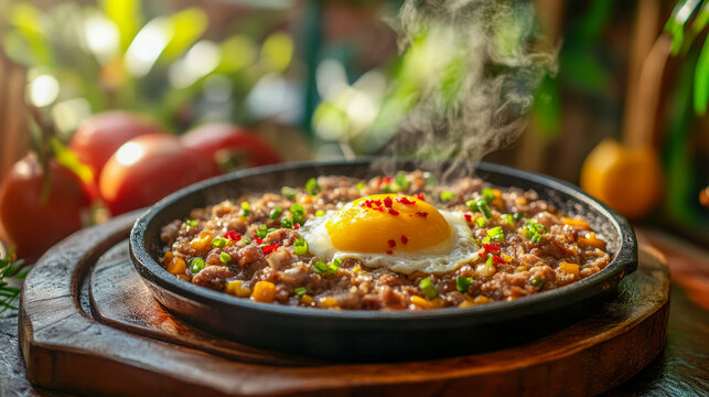 Delicious sizzling sisig with egg and vegetables on a hot plate