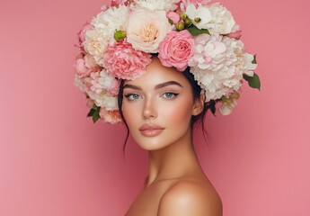 Fototapeta premium Beautiful Woman with Flower Crown on Pink Background