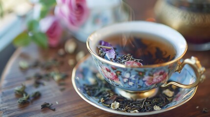 Fototapeta premium A closeup of a pretty saucer with natural tea inside