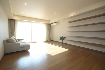Bright, minimalist living room with hardwood floors, large windows, beige sofa, and built-in shelves.