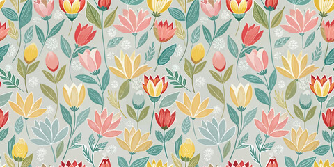 Colorful floral pattern featuring various blooming flowers against a soft pastel background.