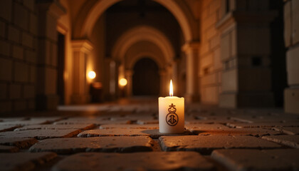 Lit candle with a religious symbol in a dimly lit church corridor creating a serene atmosphere