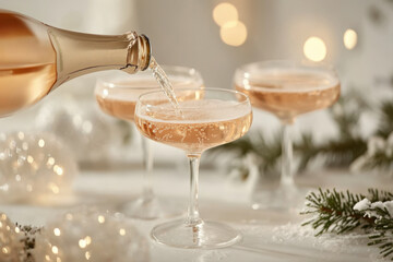 Cinematic photograph of champagne being poured into glasses, white table with Christmas decorations in the background, close-up shot, studio lighting, commercial photograph.