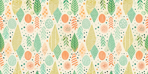 Colorful abstract pattern featuring leaves and eggs on a light background.