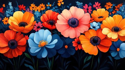Vibrant flower painting, dark background.