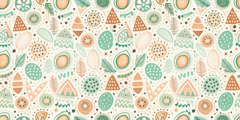 Obraz premium Colorful abstract pattern featuring geometric shapes and botanical elements in warm and cool tones.
