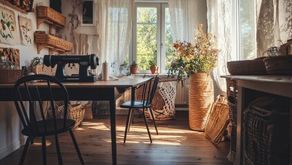 Fototapeta premium Sunlight Streams into Cozy Craft Room: Sewing Machine, Baskets, Dried Flowers, and Wooden Table