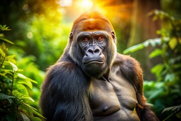 Obraz premium Powerful Gorilla Chest Beat, Lush Green Jungle, Bokeh Sunlight