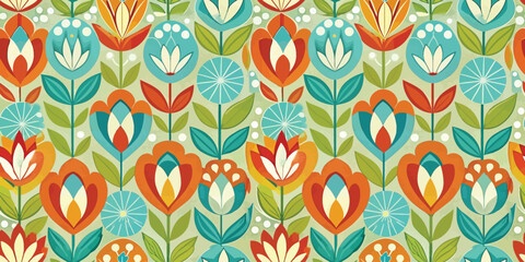 Colorful floral pattern featuring vibrant red, orange, and blue flowers against a light green background.