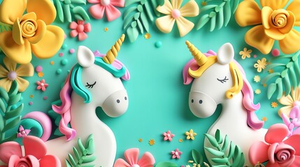 Two cartoon unicorns on a teal background surrounded by colorful flowers.