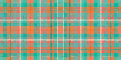 Colorful plaid pattern featuring teal, orange, and pink hues, creating a vibrant textile design.