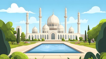 Naklejka premium luxurious and magnificent mosque building, with a large and beautiful garden