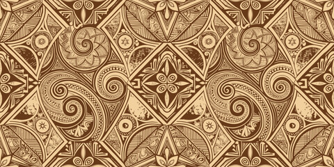 Intricate brown tribal pattern featuring spirals and geometric designs, perfect for textiles or backgrounds.