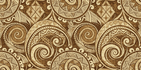 Intricate brown tribal pattern featuring swirling designs and circular motifs, creating a harmonious and sophisticated look.