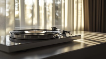 Obraz premium Elegant Turntable on a Minimalist Surface with Soft Sunlight Filtering Through Sheer Curtains in a Cozy Indoor Setting