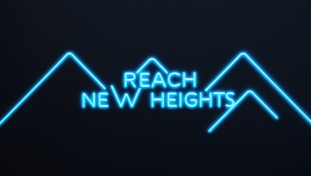 neon glowing mountains with reach new heights text background, neon glowing hiking text, neon glowing traveling exploring adventure background
