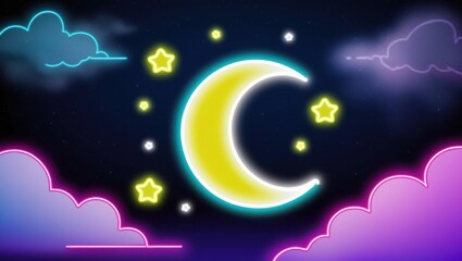 neon glowing half moon neon glowing stars and clouds background, neon glowing yellow stars blue sky, neon glowing pink blue sky , night neon  glowing sky