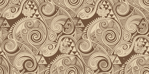 Intricate swirls and triangles create a rich, textured background in earthy tones.