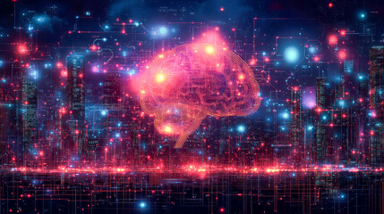 Obraz premium Futuristic digital brain with neural networks and glowing cityscape