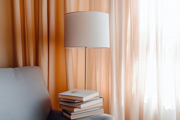 cozy reading nook with lamp on stacked books by sofa and sheer curtains. Generative Ai