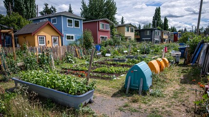 community garden, blended with an image of local food production, representing sustainable agriculture. | [Environmental]:[Climate change solutions] 