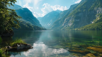 A clear mountain lake with a lush forest on one side and a snowy mountain range on the other.