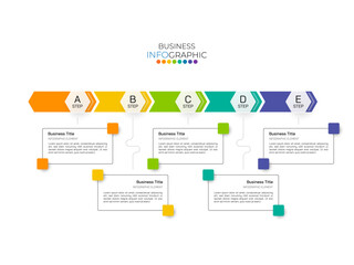 Business process chart infographics with 5 step, timeline infograph elements. Company presentation slide template. Modern vector info graphic layout design.