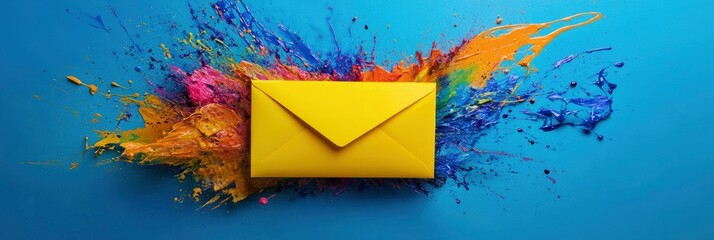A vibrant yellow envelope, bursting with colorful paint splashes against an electric blue background, the power of email marketing and digital online advertising in web design.