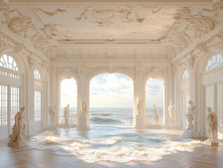 Fototapeta premium an architectural structure with columns and statues, with the sea visible through the open space. The scene is surreal, as the water from the sea is pouring into the interior of the structure.